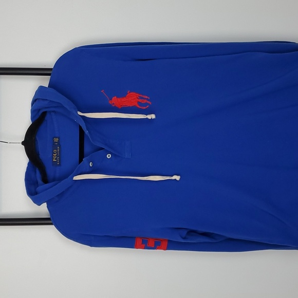 Ralph Lauren Hooded Polo Big Logo Embroidered Long Sleeve Men Blue  Size L - Picture 1 of 8